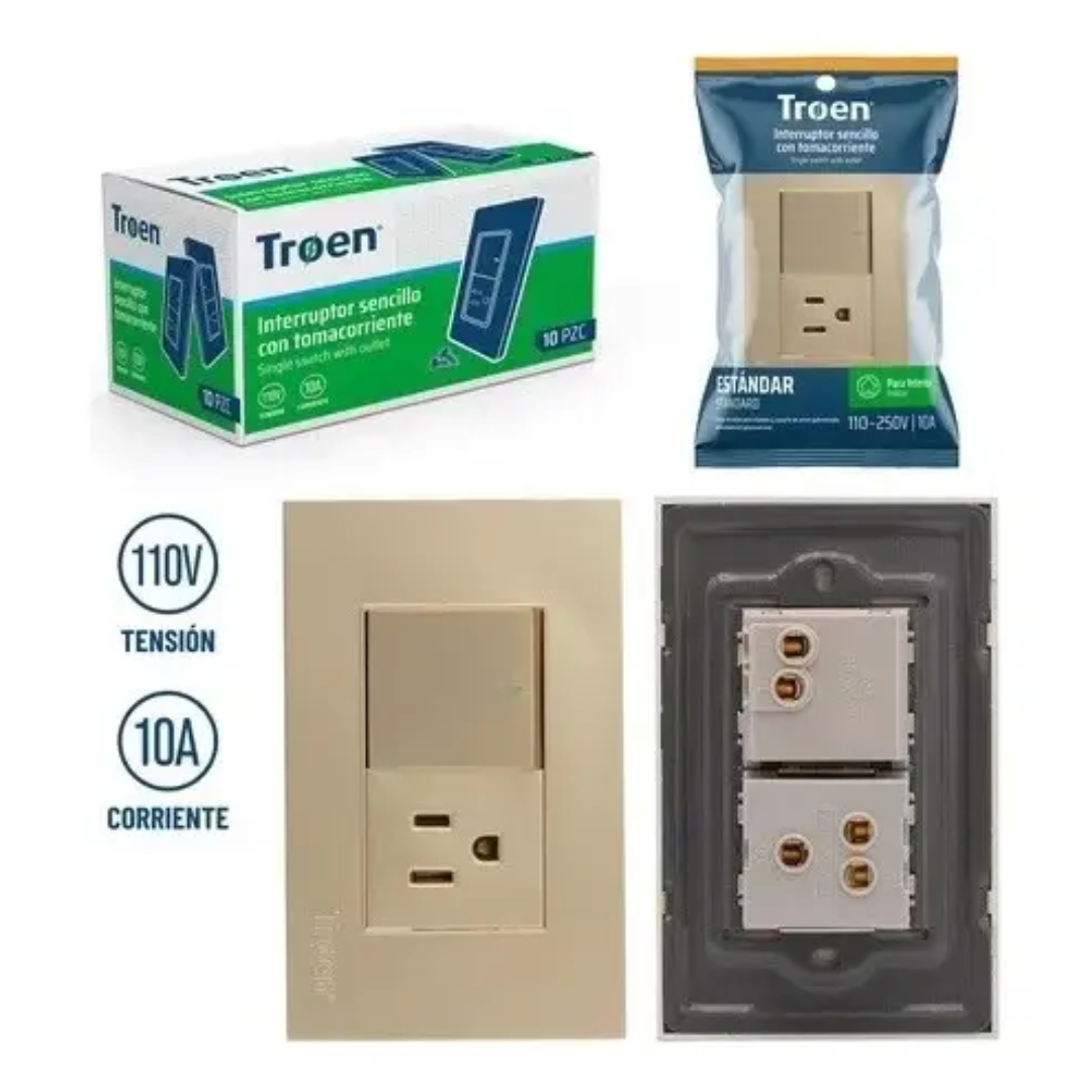 Tomacorriente con interruptor sencillo estándar 110V 10AMP - Dorado