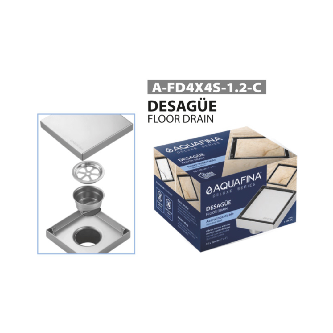Desagüe para piso cuadrado 10 x 10 cm con doble función para inserción de baldosa en acero inoxidable satinado