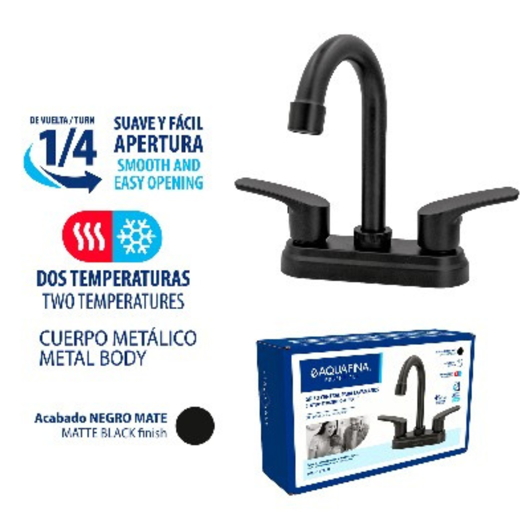 Grifo central para lavamanos cuello tipo bar en acero inoxidable y ABS negro