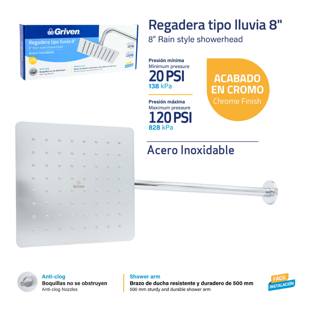 Regadera de ducha cuadrada 8″ ultradelgada en acero inoxidable cromado con tubo de 50 cm