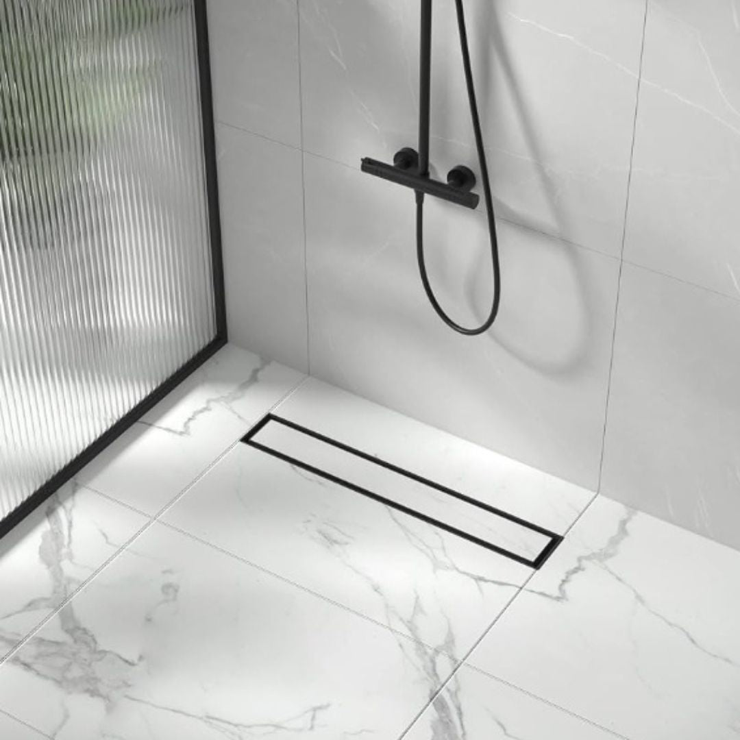 Desagüe para piso lineal 60 x 8 cm con doble función para inserción de baldosa en acero inoxidable negro