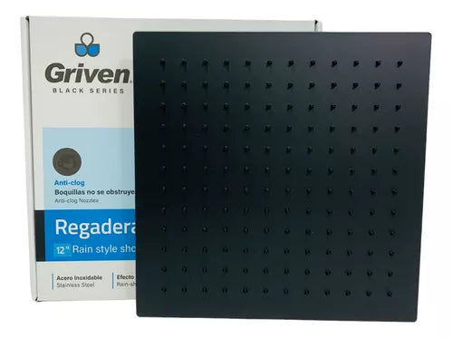 Regadera para Ducha Cuadrada de 12" Ultra Delgada en Acero Inoxidable (Negro Mate)