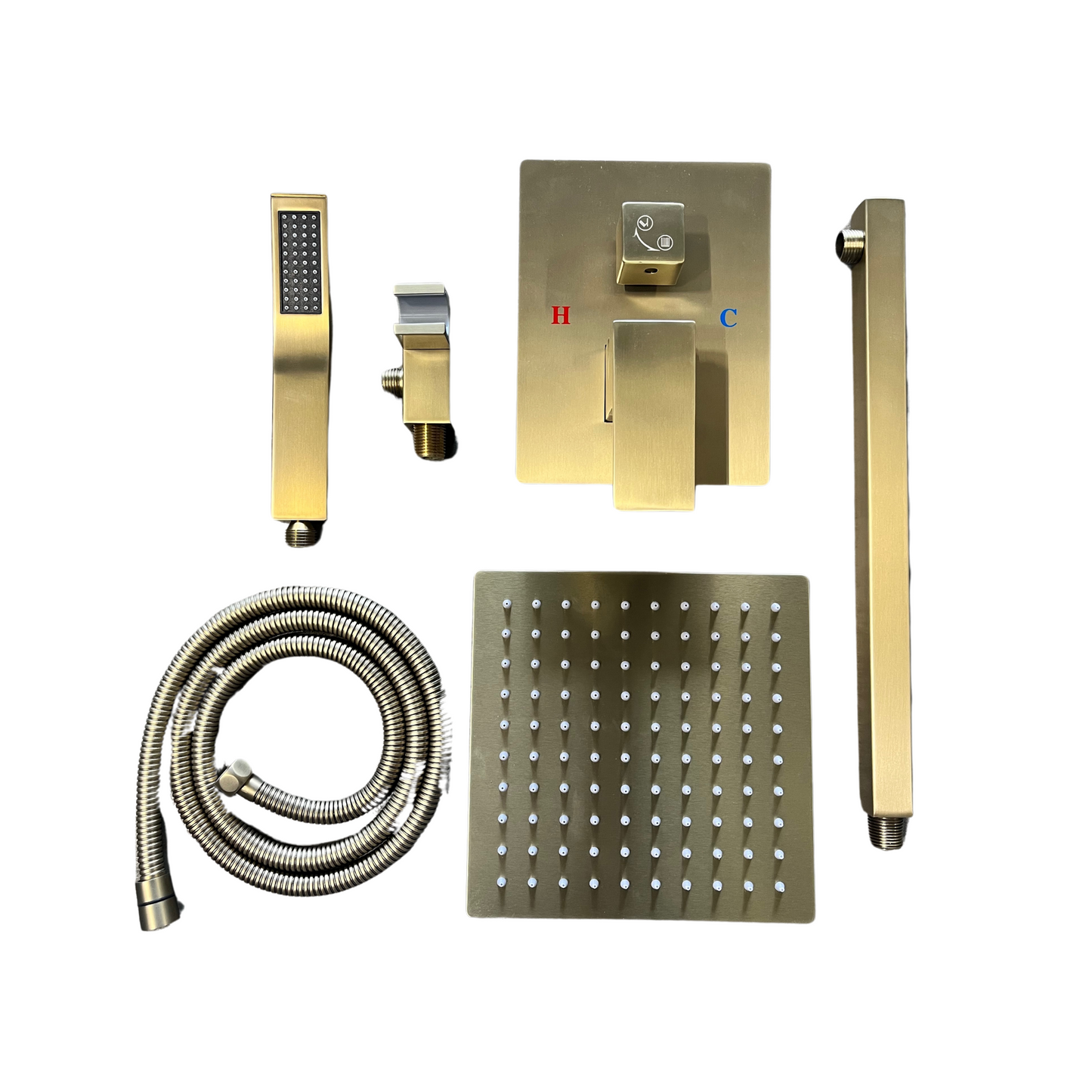 Set de Ducha Cuadrada, Monomando y Ducha de Mano en Acero Inoxidable - Acabado Dorado