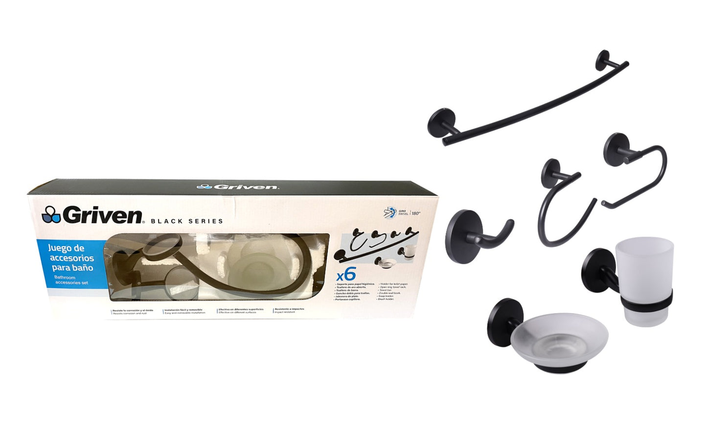 Set de Accesorios para Baño (6 Piezas) - Acero Inoxidable / Acabado Negro Mate
