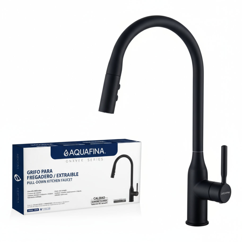 Grifo monomando para fregadero Rubí con cuello extensible en acero inoxidable negro - Doble temperatura