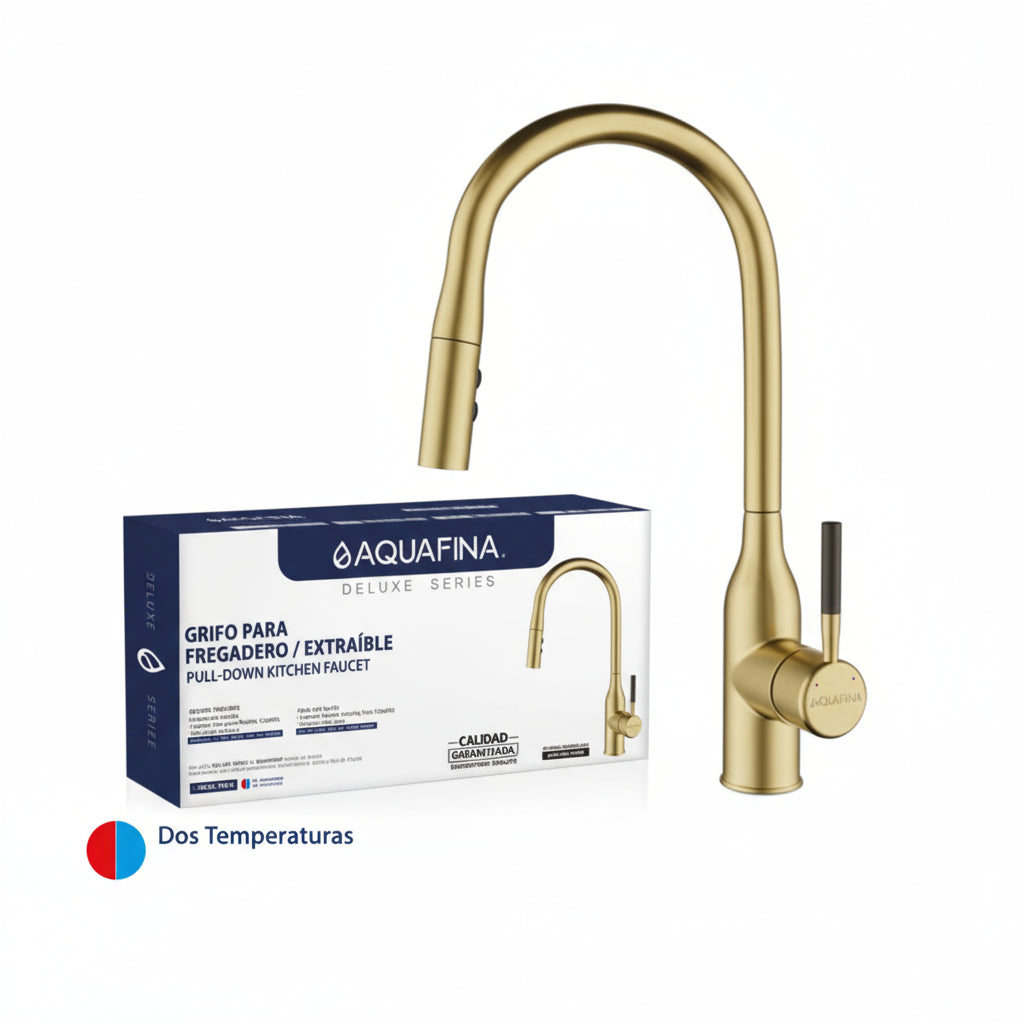 Grifo monomando para fregadero Rubí con cuello extensible en acero inoxidable dorado - Doble temperatura