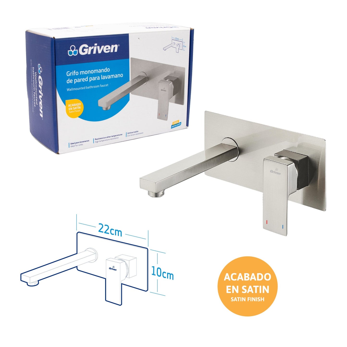 Grifo monomando de pared para lavamanos Griven en acero inoxidable satinado - Doble temperatura