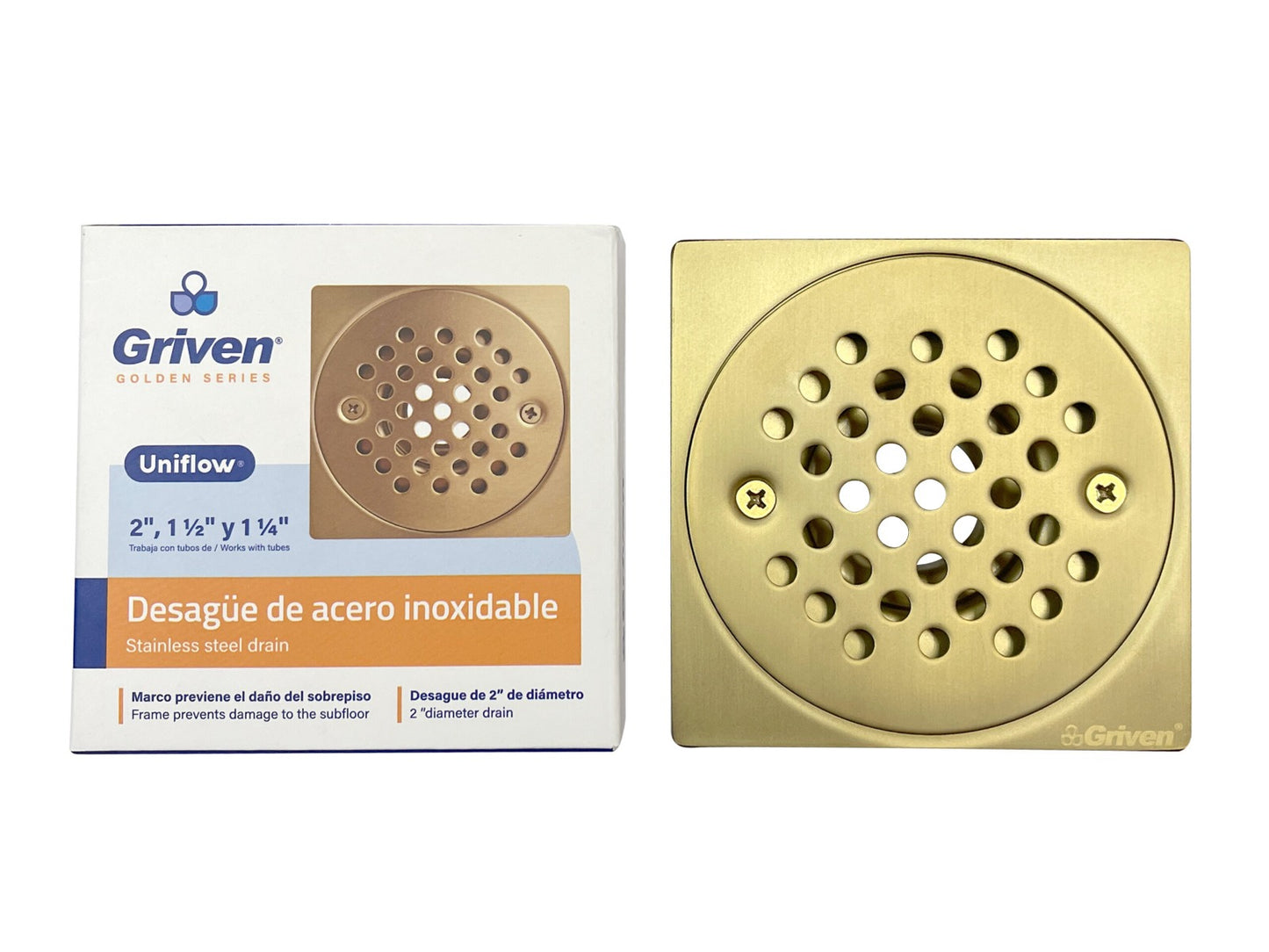 Desagüe de Baño Cuadrada 4"x4" en Acero Inoxidable con Acabado Dorado