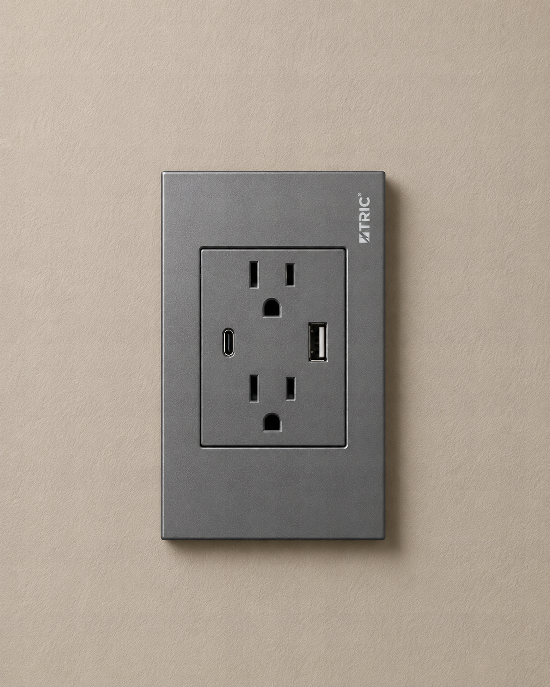 Tomacorriente doble polarizado y aterrizado con puertos USB 127V 15AMP - Gris