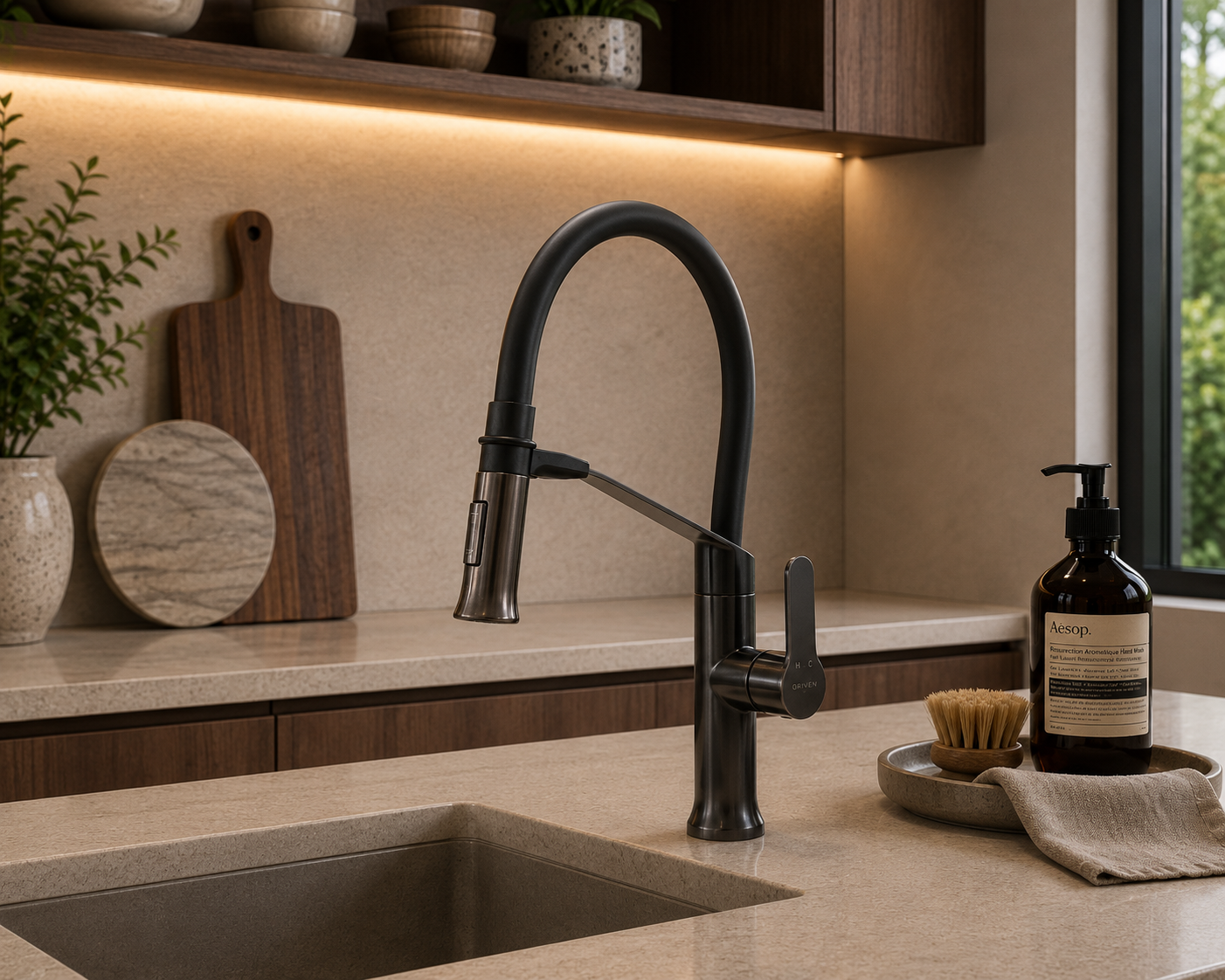 Grifo monomando para fregadero Genova con cuello flexible en acero inoxidable gunmetal y negro - Doble temperatura