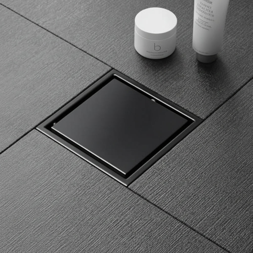 Desagüe para piso cuadrado 11 x 11 cm con doble función para inserción de baldosa en acero inoxidable negro