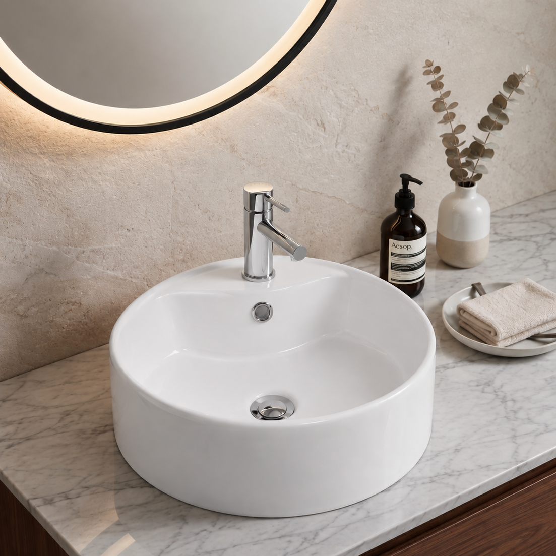 Lavamanos tipo Bowl Cerámico Redondo Blanco – 45 × 45 × 15 cm