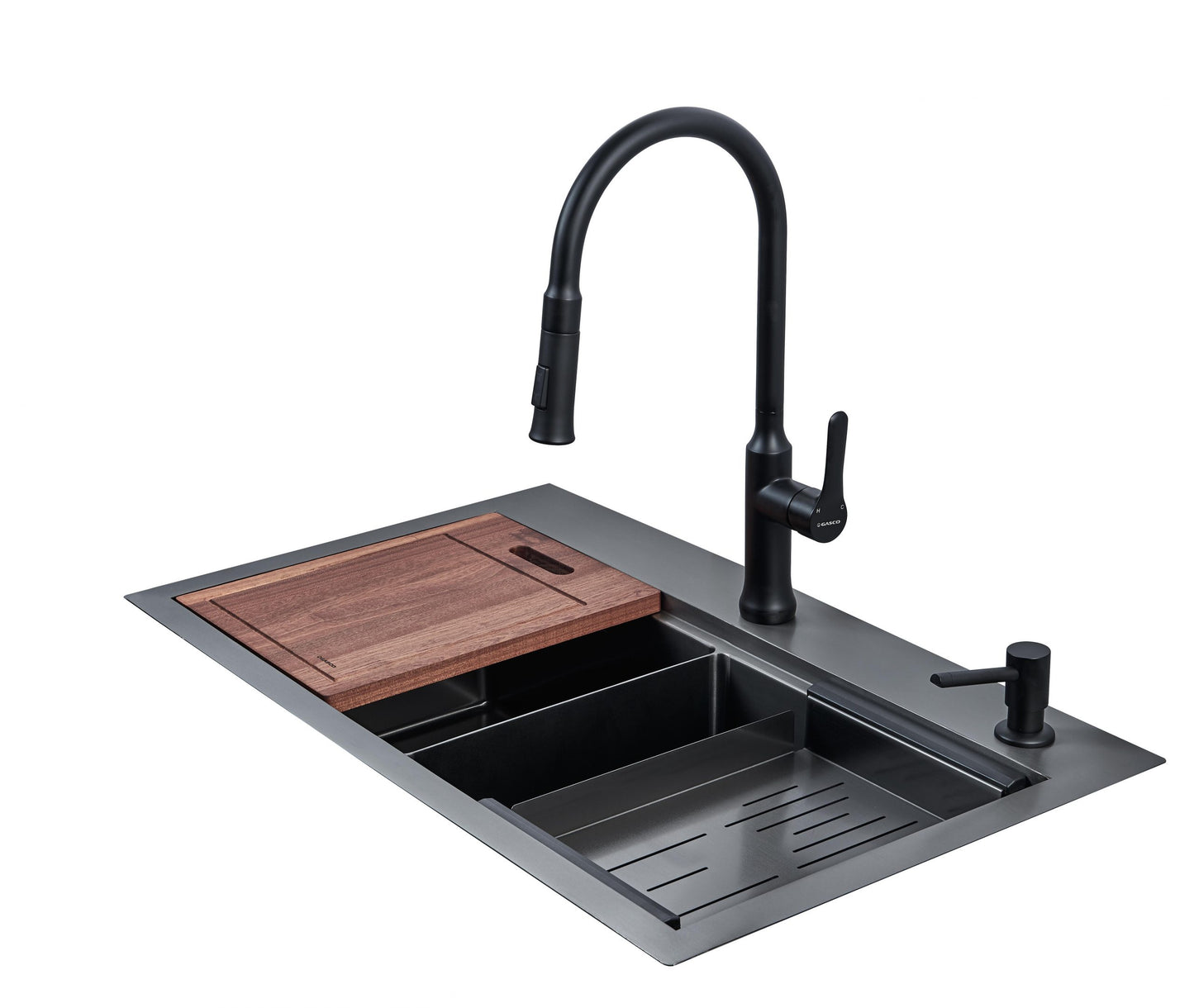 Fregador de 2 Tinas en Acero Inoxidable con acabado Negro (Bajo/Sobre-Tope) - RIVER-G