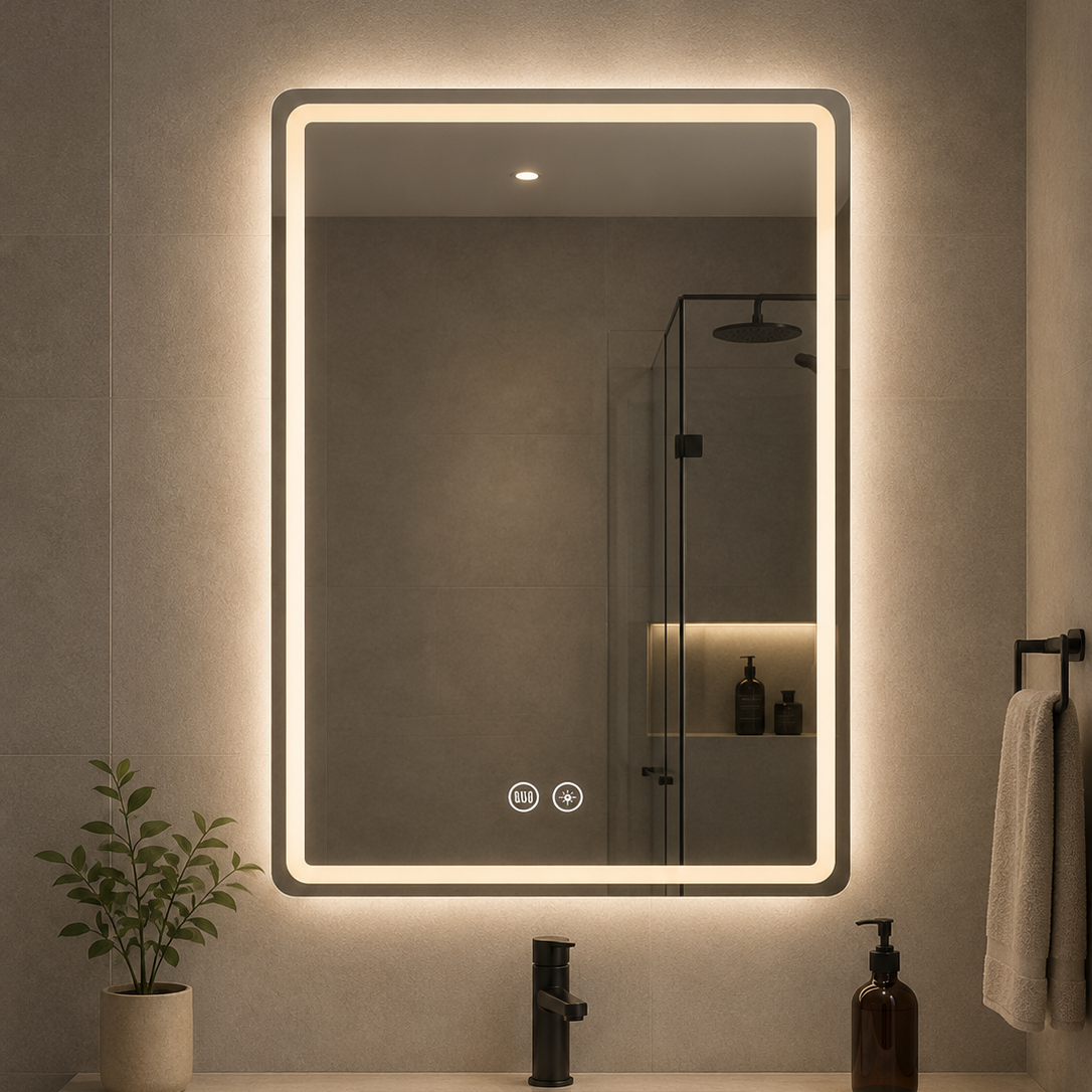 Espejo con Luz LED - Rectangular 80CMx60CM con Sistema Antiempañante y Bajo Consumo - 3 Tonos de Luz