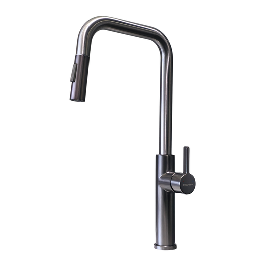 Grifo monomando para fregadero Broncita con cuello extensible en acero inoxidable gunmetal - Doble temperatura