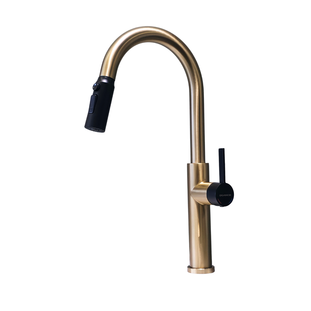 Grifo monomando para fregadero Girona-G con cuello extensible en acero inoxidable dorado con negro - Doble temperatura