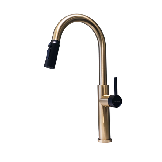 Grifo monomando para fregadero Girona-G con cuello extensible en acero inoxidable dorado con negro - Doble temperatura