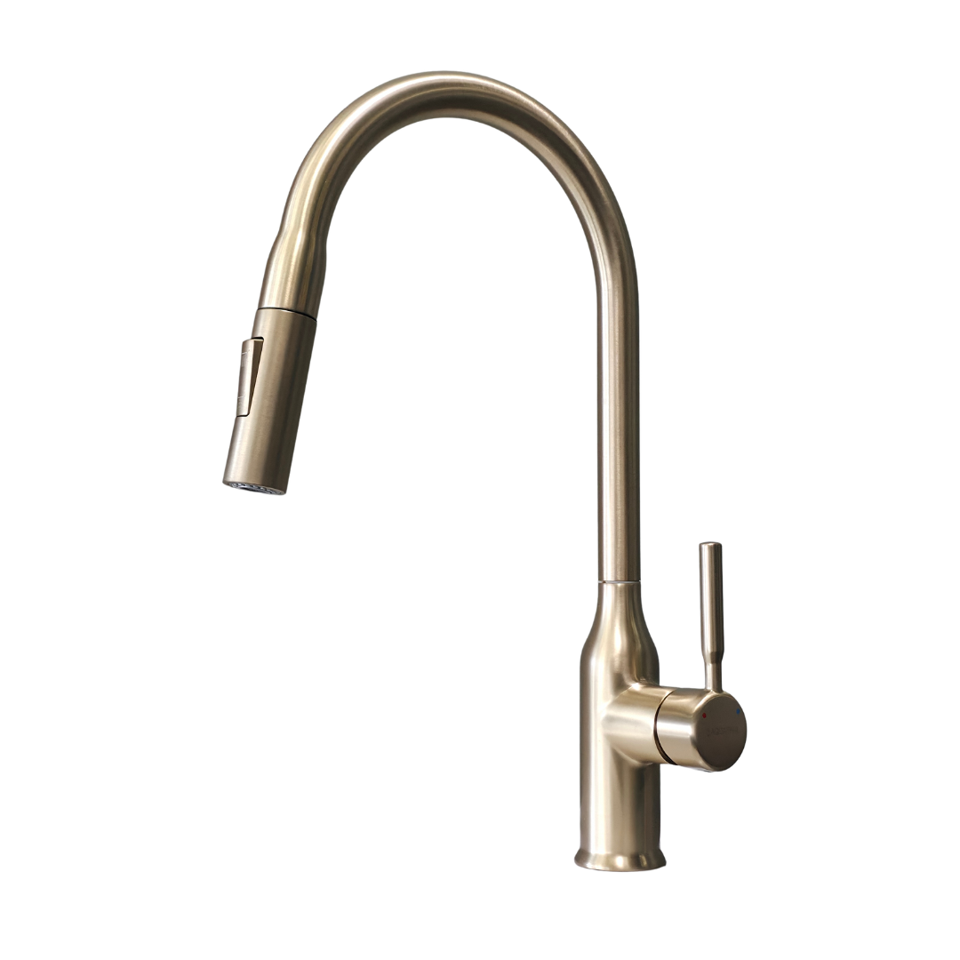 Grifo monomando para fregadero Rubí con cuello extensible en acero inoxidable dorado - Doble temperatura