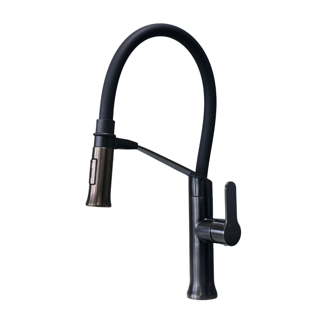 Grifo monomando para fregadero Genova con cuello flexible en acero inoxidable gunmetal y negro - Doble temperatura