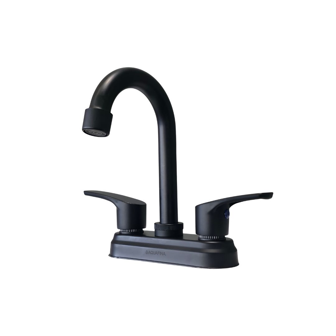 Grifo central para lavamanos cuello tipo bar en acero inoxidable y ABS negro