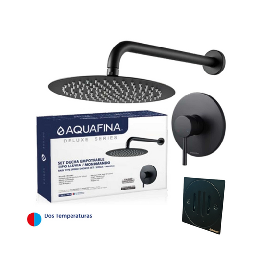 Combo de Ducha Redonda de 10" Ultra Delgada con tubo de 40CM, Monomando Mezclador y Desagüe de Piso en Acero Inoxidable (Negro Mate)