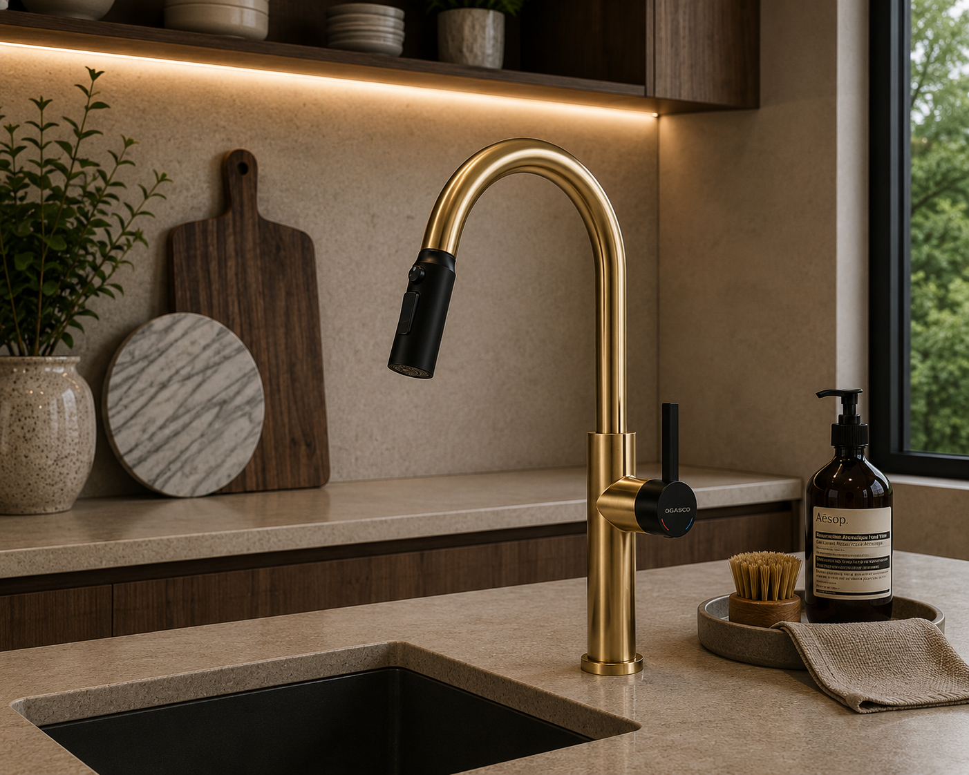 Grifo monomando para fregadero Girona-G con cuello extensible en acero inoxidable dorado con negro - Doble temperatura