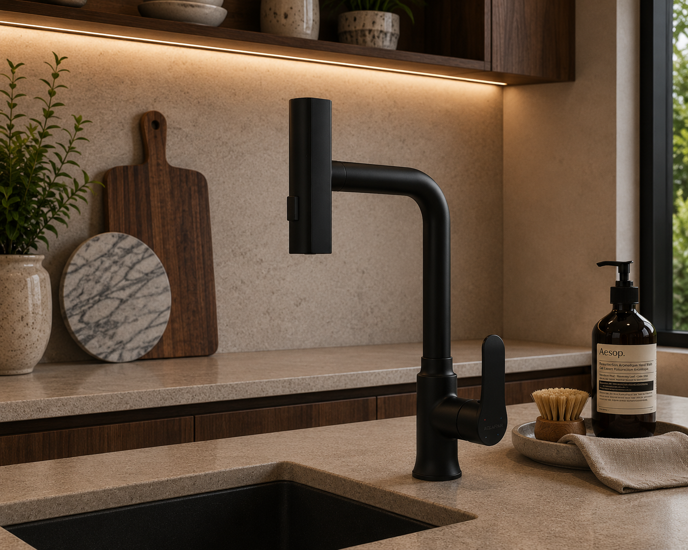 Grifo monomando para fregadero Ópalo con cuello extensible en acero inoxidable negro - Doble temperatura