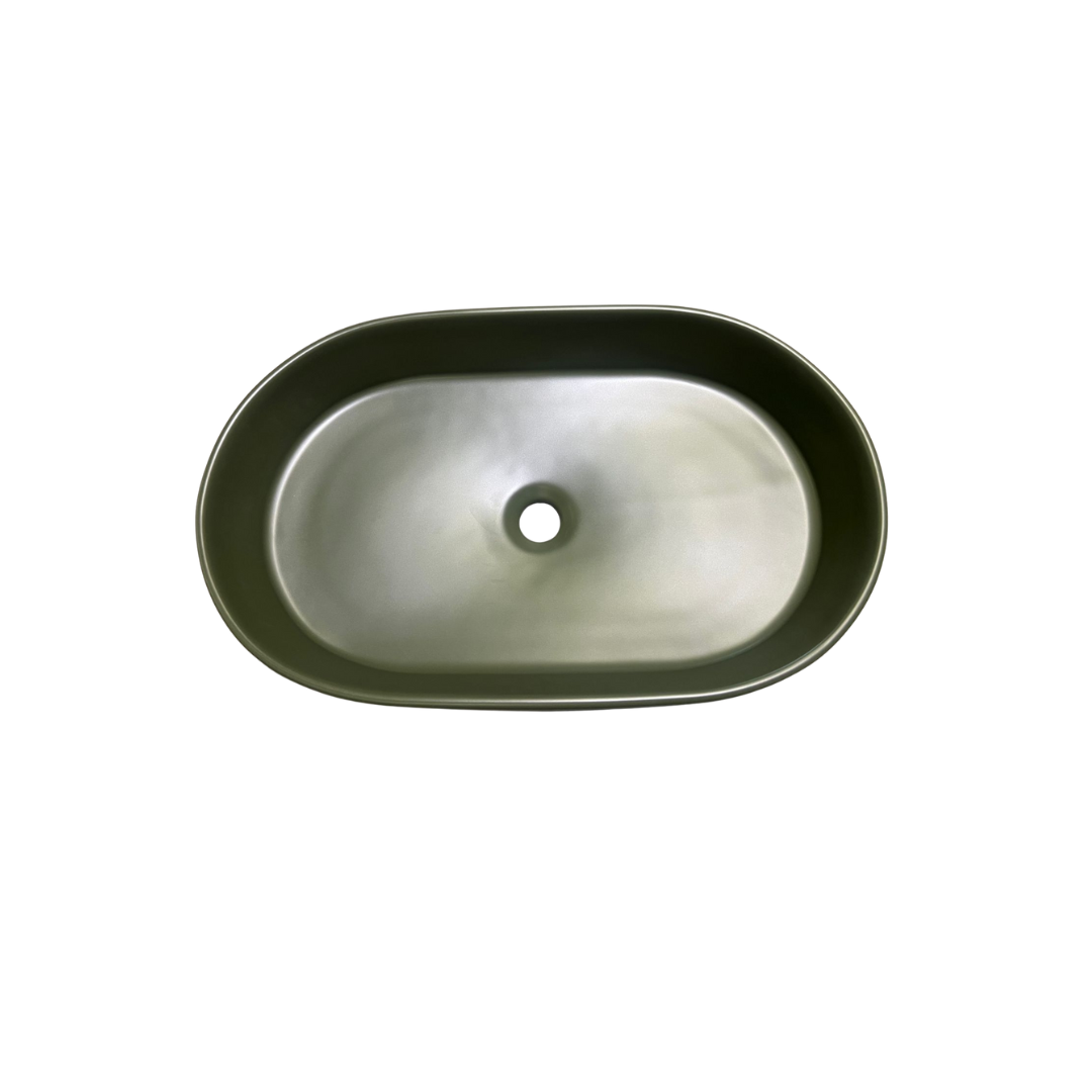 Lavamanos Tipo Bowl Cerámico Ovalado (61x38X12CM) con Acabado Verde Oliva