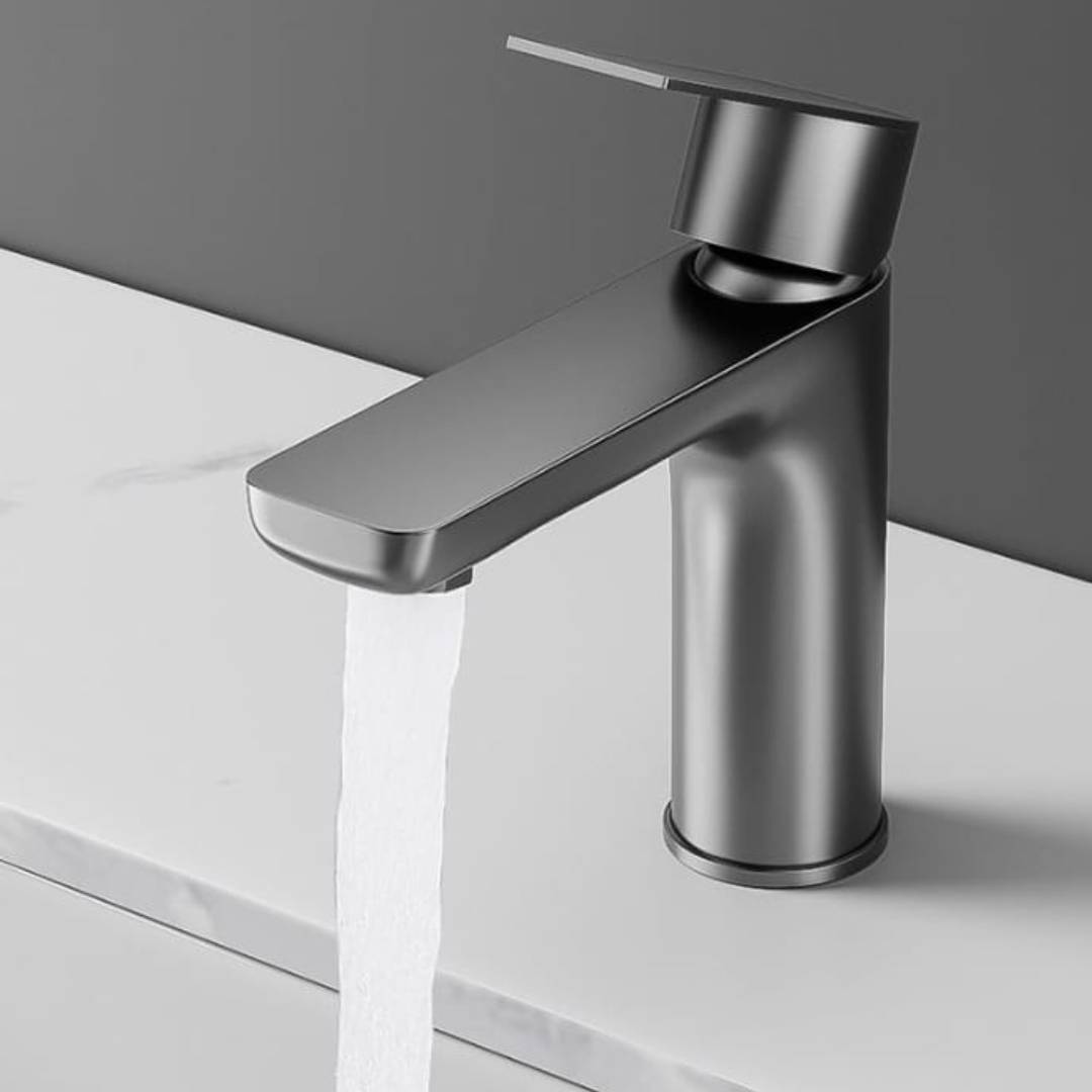 Grifo monomando bajo para lavamanos Hydrium en acero inoxidable gunmetal - Doble temperatura