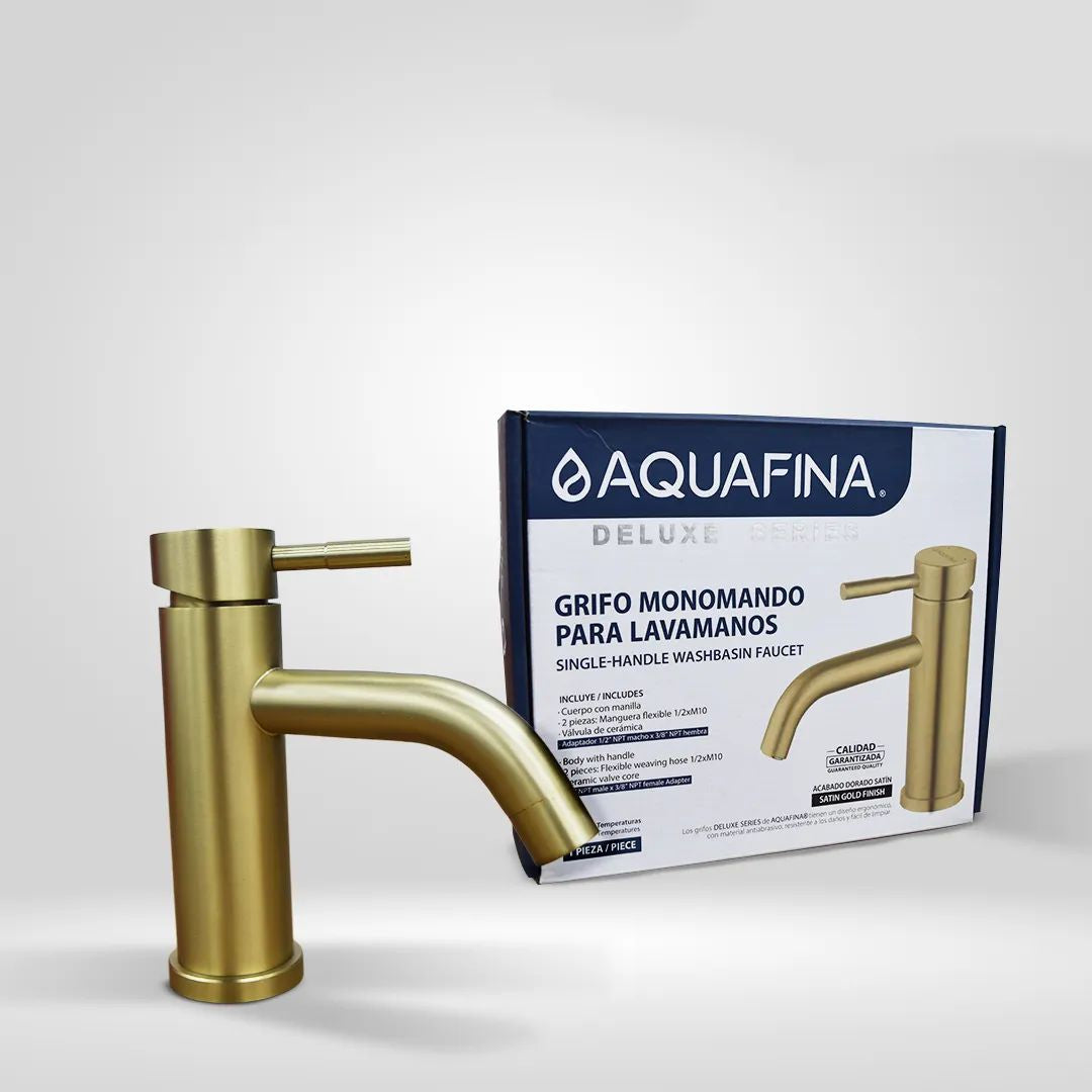 Grifo monomando bajo para lavamanos Selenita en acero inoxidable dorado - Doble temperatura