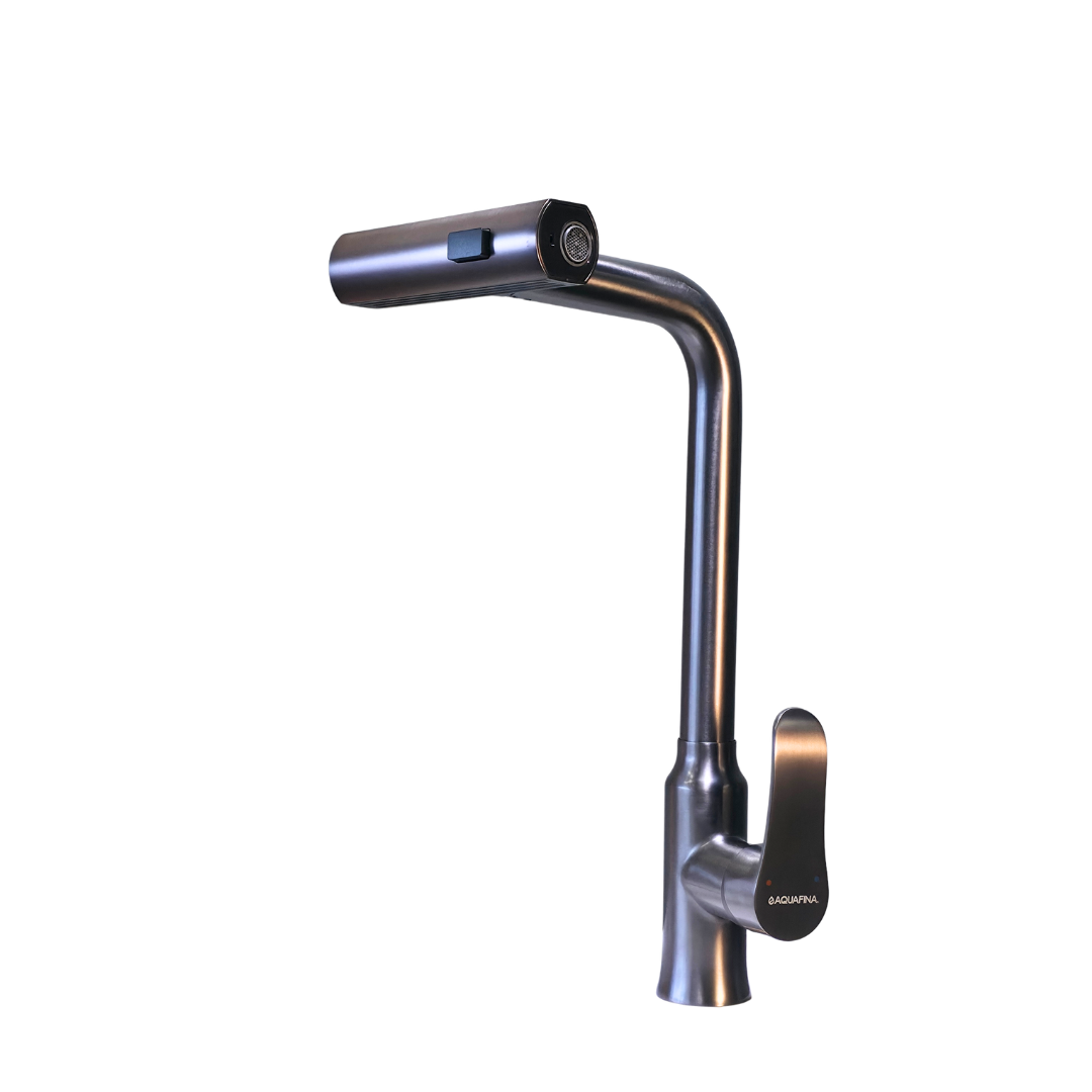Grifo monomando para fregadero Ópalo con cuello extensible en acero inoxidable gunmetal - Doble temperatura
