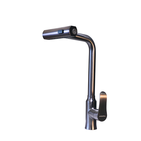 Grifo monomando para fregadero Ópalo con cuello extensible en acero inoxidable gunmetal - Doble temperatura