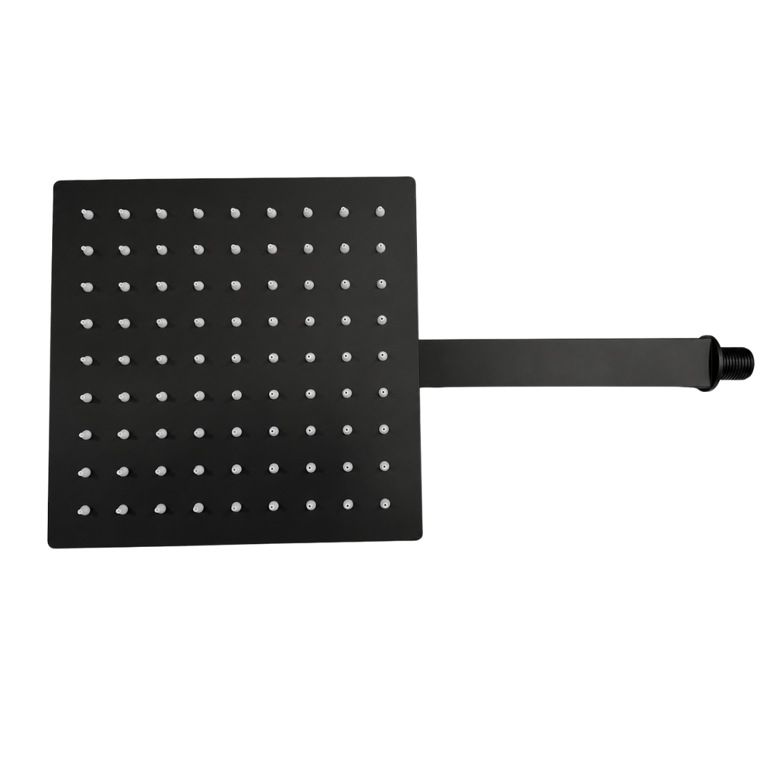 Regadera de ducha cuadrada de 8” en acero inoxidable negro mate con brazo de 30 cm