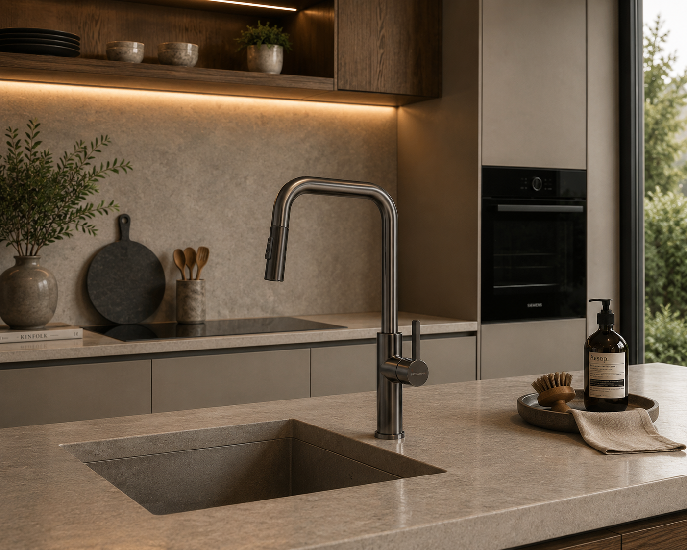 Grifo monomando para fregadero Broncita con cuello extensible en acero inoxidable gunmetal - Doble temperatura