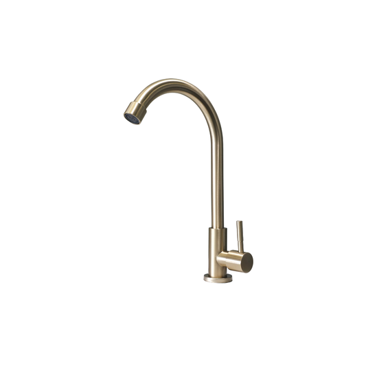 Grifo individual para fregadero Ámbar con cuello cisne en acero inoxidable dorado - Una temperatura