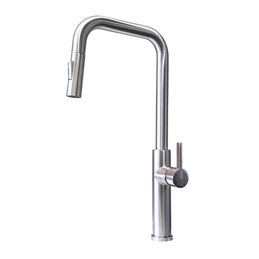 Grifo monomando para fregadero Broncita con cuello extensible en acero inoxidable satinado - Doble temperatura