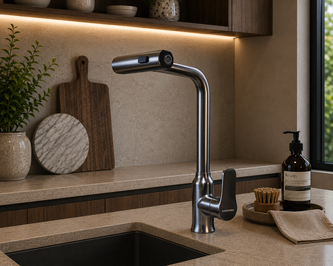 Grifo monomando para fregadero Ópalo con cuello extensible en acero inoxidable gunmetal - Doble temperatura