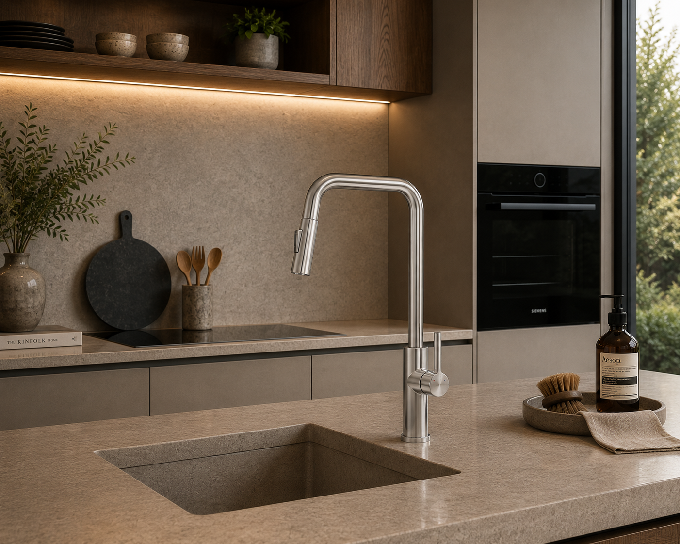 Grifo monomando para fregadero Broncita con cuello extensible en acero inoxidable satinado - Doble temperatura
