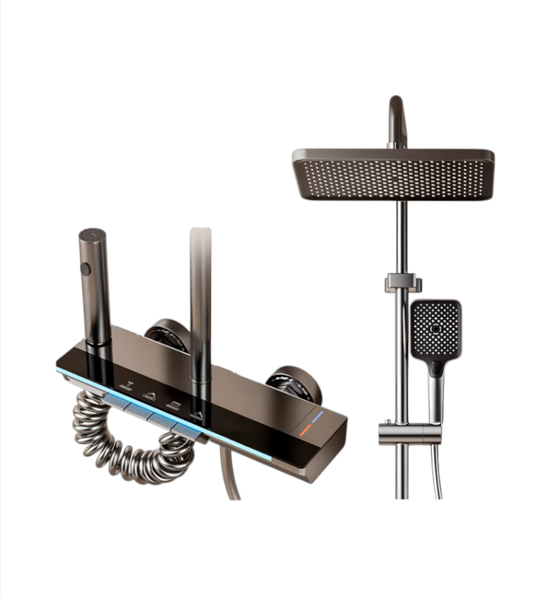 Set Completo para Baño - Soporte de Pared, Cabezal Cuadrado de 12" x 8" y Ducha de Mano 4"x5" (Acabado Gun metal)
