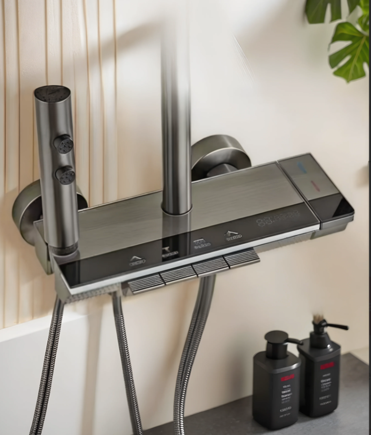 Set Completo para Baño - Soporte de Pared, Cabezal Cuadrado de 12" x 8" y Ducha de Mano 4"x5" (Acabado Gun metal)
