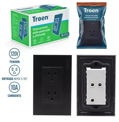 Tomacorriente Doble Polarizado y Polarizado 120V 10AMP - Acabado Negro