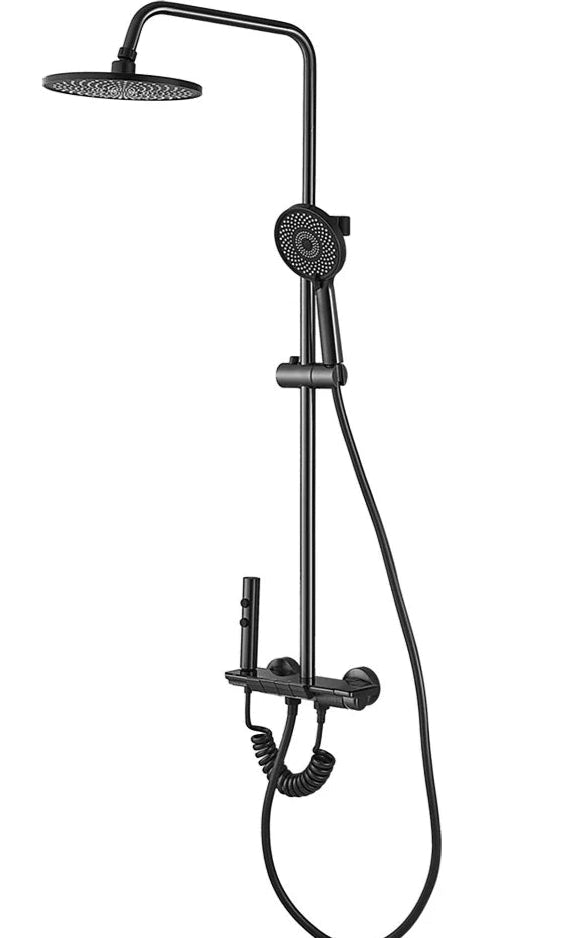 Set Completo para Baño - Soporte de Pared, Cabezal Redonda de 9" y Ducha de Mano Cuadrada (Acabado Negro)