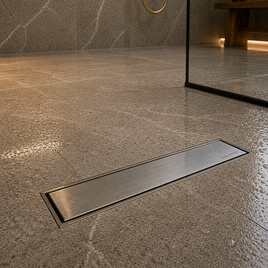 Desagüe para piso lineal 30 x 8 cm con doble función para inserción de baldosa en acero inoxidable satinado