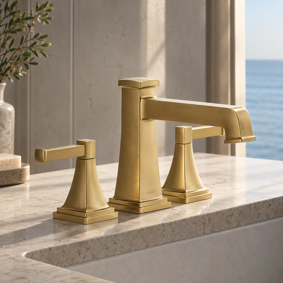 Grifo doble para tina Kholer acero inoxidable dorado - Doble temperatura