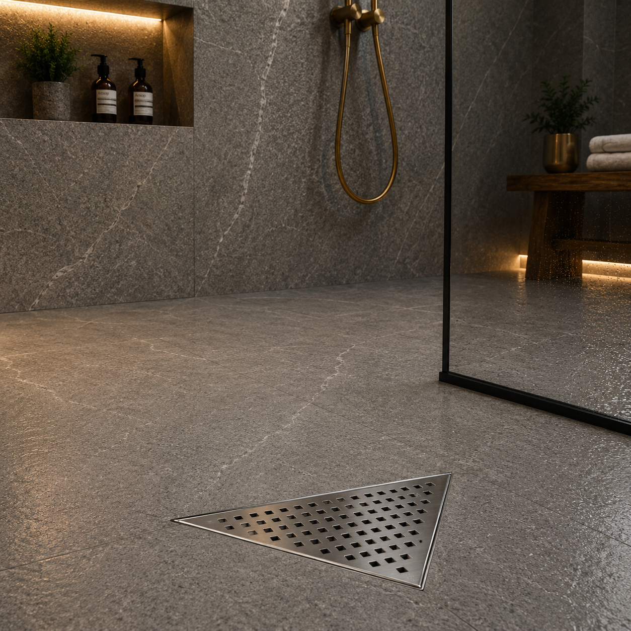 Desagüe para piso triangular 26 x 26 cm perforado en cuadros en acero inoxidable satinado