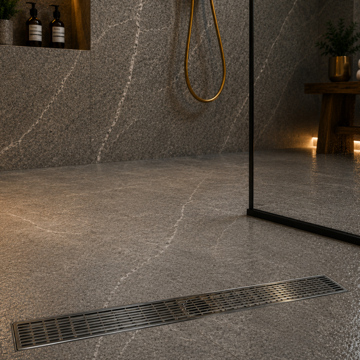 Desagüe para piso lineal 61 cm x 7.5 cm tipo rejilla en acero inoxidable satinado