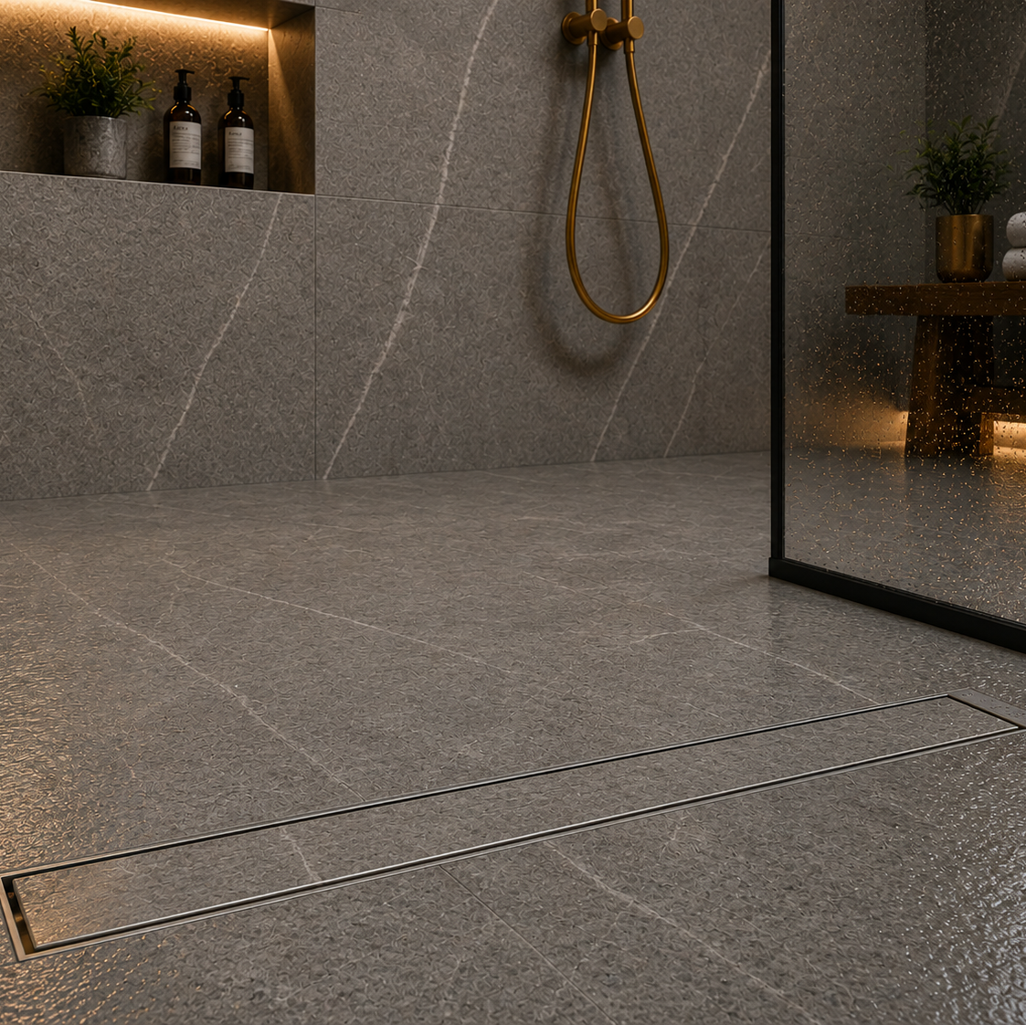 Desagüe para piso lineal 60 x 8 cm con doble función para inserción de baldosa en acero inoxidable satinado