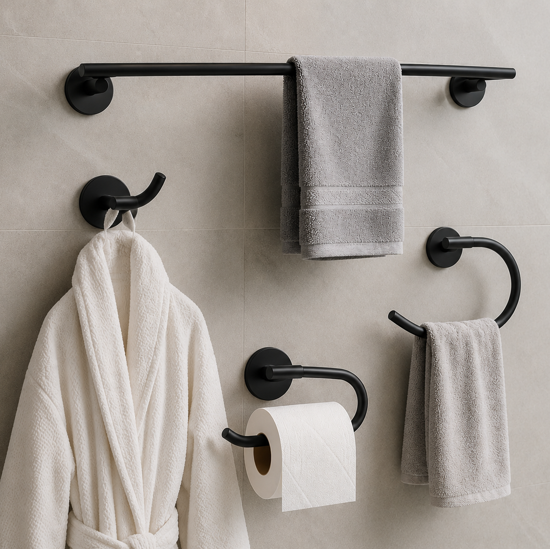 Set de Accesorios para Baño (4 Piezas) - Acero Inoxidable / Acabado Negro Mate
