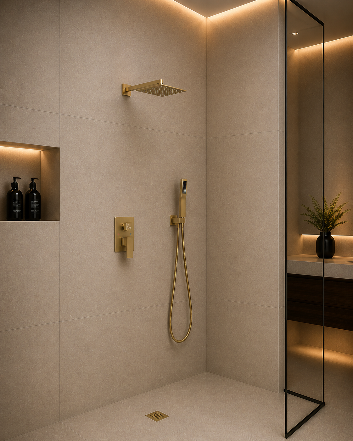 Set de Ducha Cuadrada, Monomando y Ducha de Mano en Acero Inoxidable - Acabado Dorado
