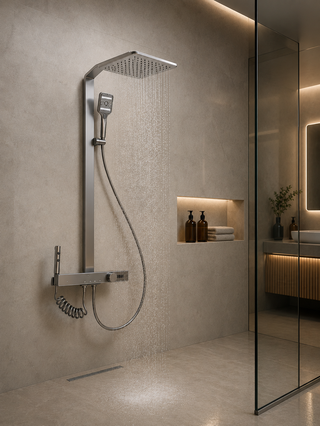 Columna de ducha con 4 funciones y pantalla digital en acabado gunmetal